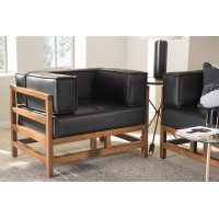 Baxton Studio BBT8033-1-CC-Pine Black Shaw Mid-Century Modern Pine Black Faux Leather Walnut Wood Armchair